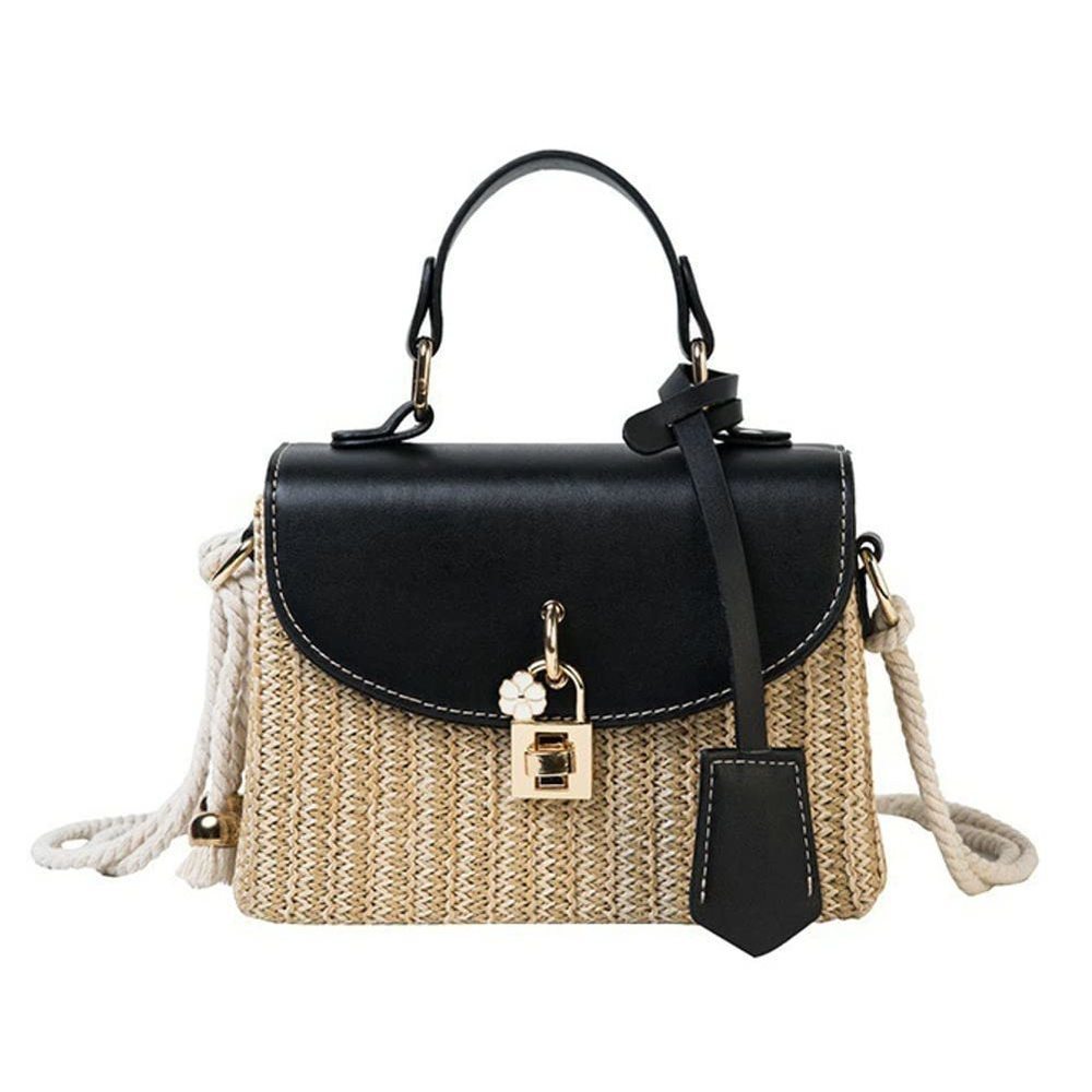 Straw Crossbody Bag Hand Woven Shoulder Bag Leather Top Handle -_-